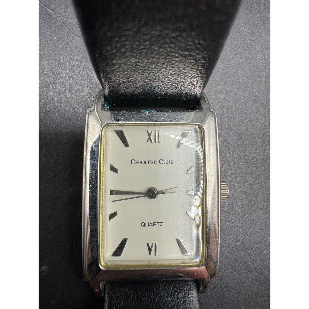 Vtg Charter Club Women’s Tank Quartz Watch Genuine Black Leather Band 24mm
